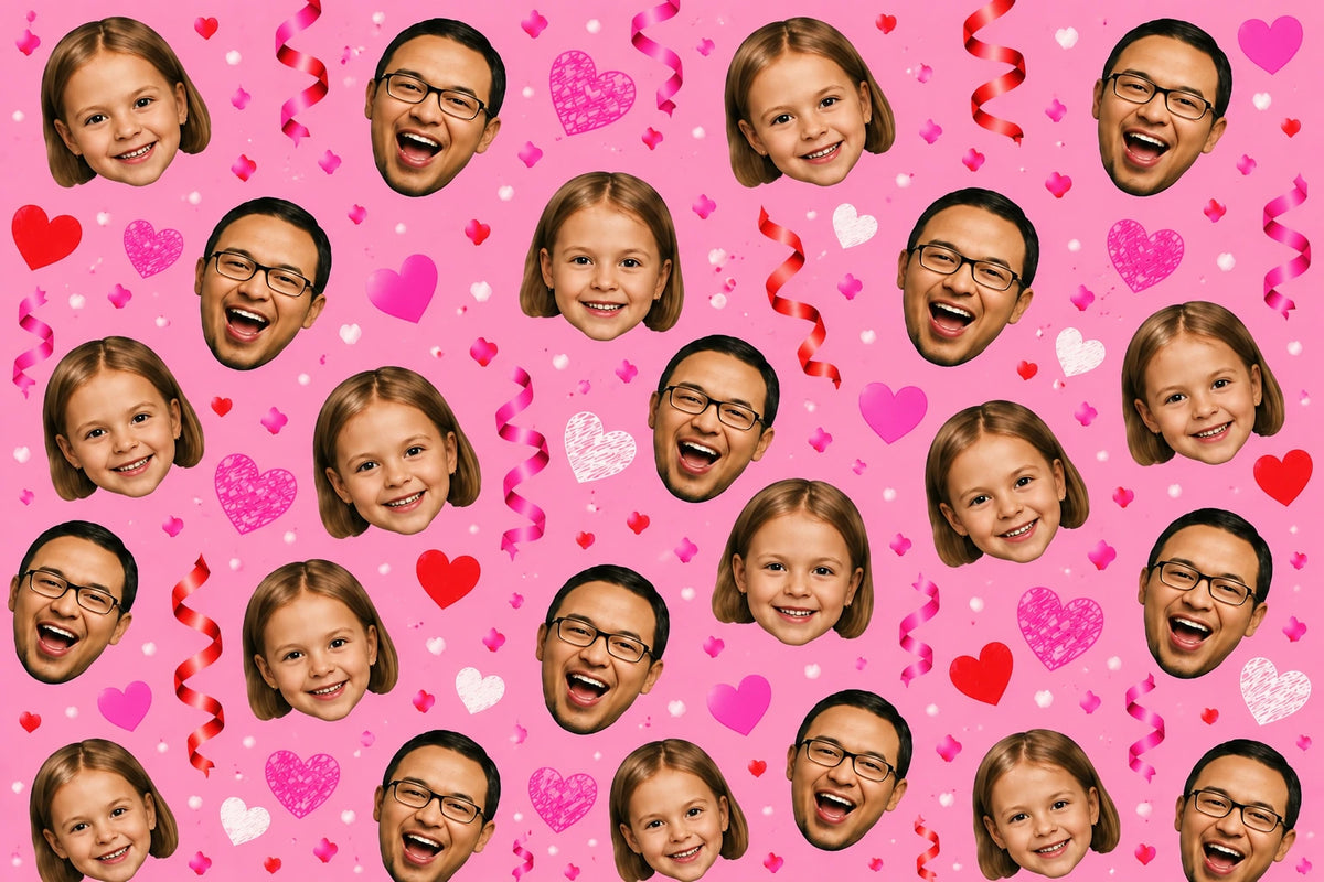 Pink gift wrap pattern with smiling adult and child faces, red and pink hearts, confetti and curled streamers.