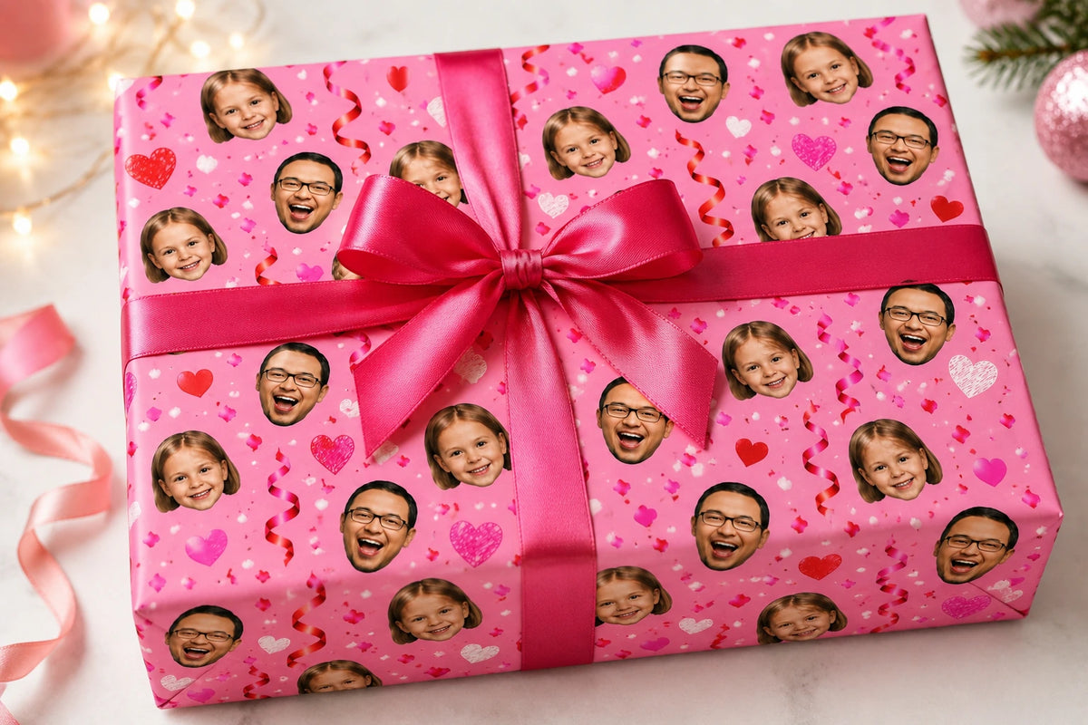 Gift wrapped in pink paper with smiling adult and child faces, hearts and streamers, tied with a bright pink bow.