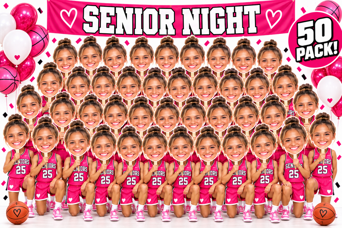 Girls in pink basketball uniforms holding custom face cutouts beneath a Senior Night banner and 50 Pack label.