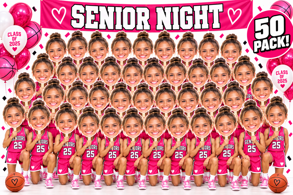 50-pack upgrade option showing girls in pink basketball uniforms holding custom face cutouts for Senior Night.