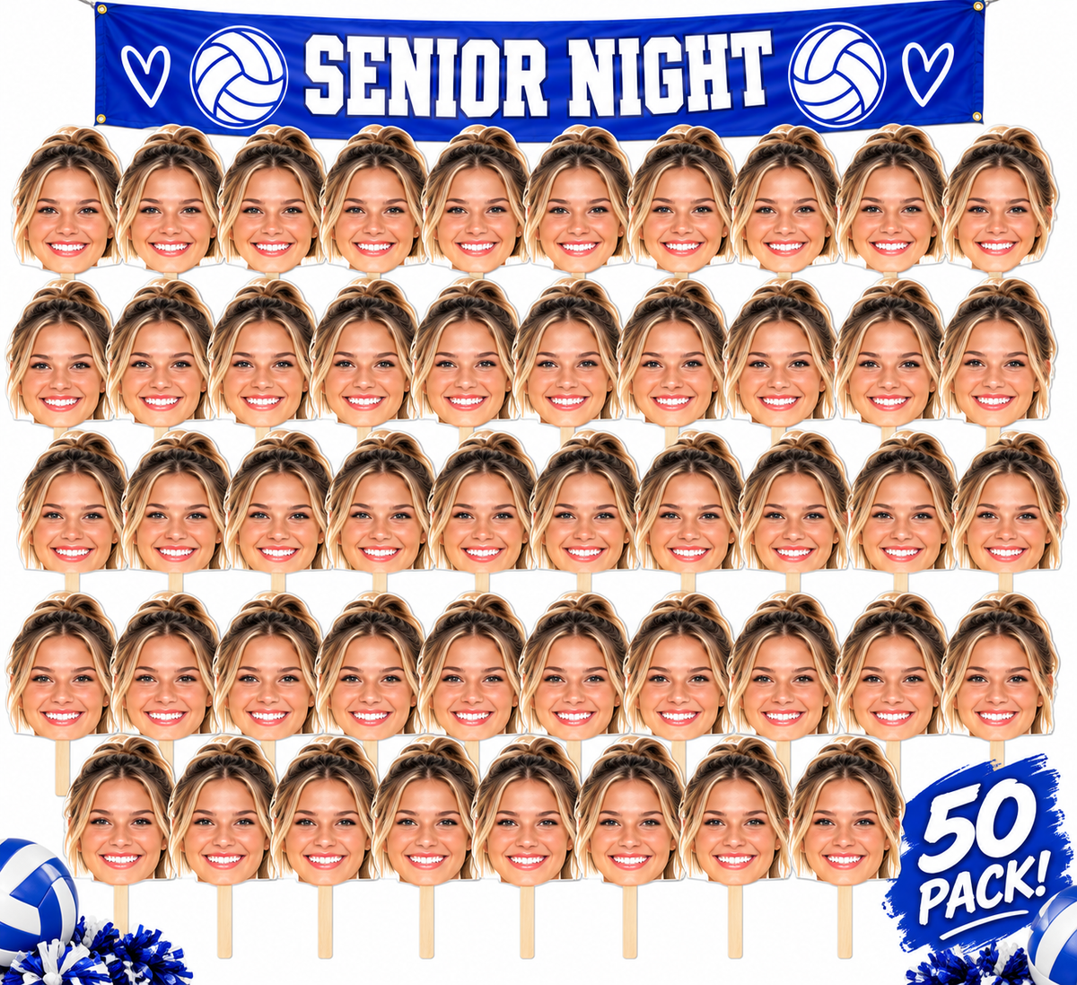 Custom girls’ face cutouts arranged beneath a blue volleyball Senior Night banner with a 50 Pack label.