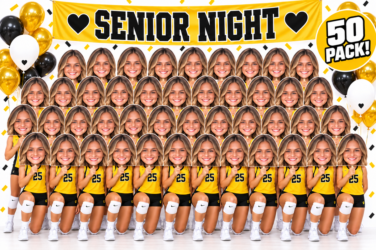 Girls in yellow volleyball uniforms holding custom face cutouts beneath a Senior Night banner and 50 Pack label.