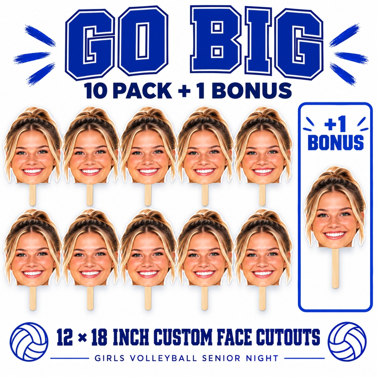 Go Big promotional image for a 10-pack of custom Volleyball Senior Night face cutouts plus one bonus