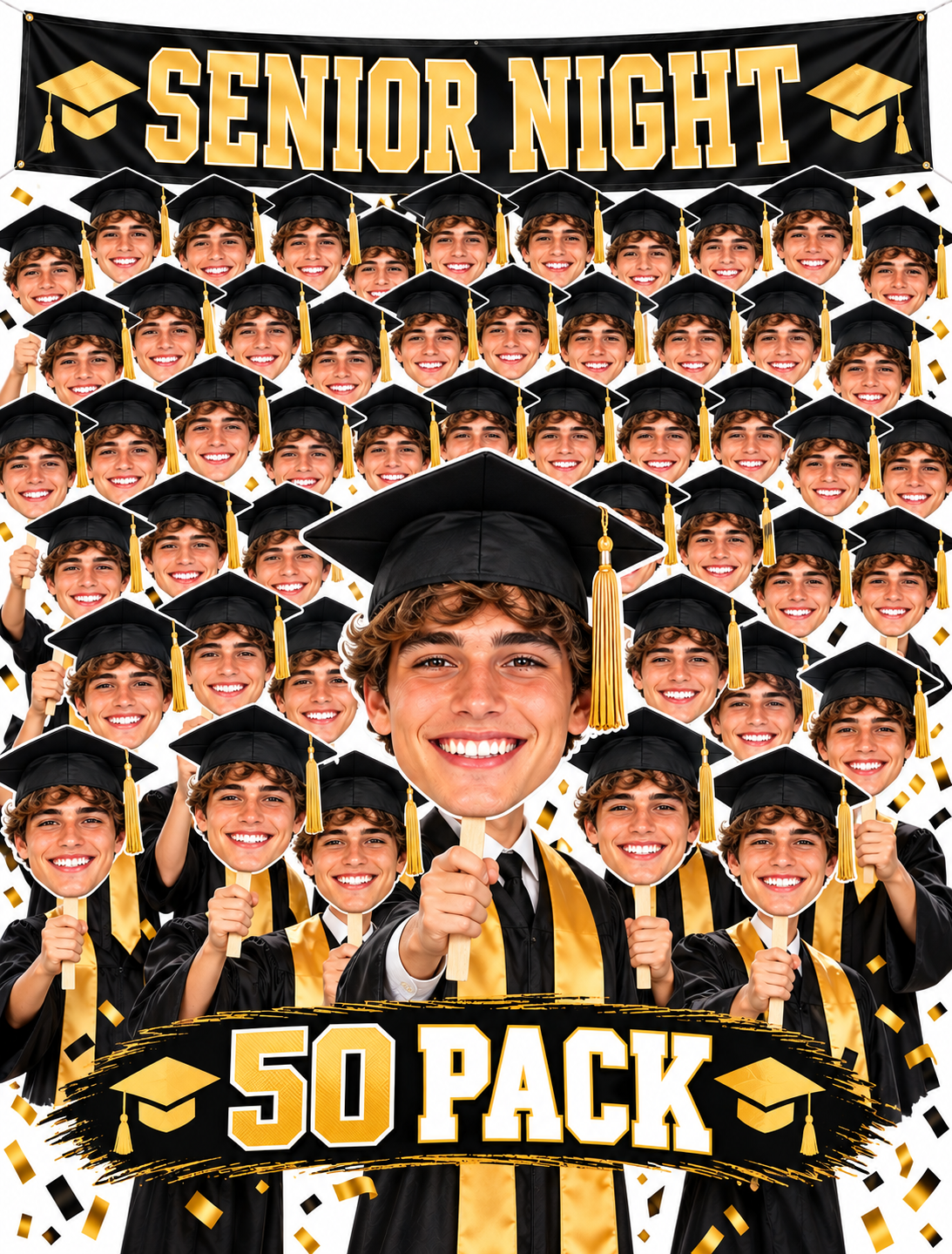 Male graduation face cutouts and graduates beneath a black-and-gold Senior Night banner with a 50 Pack label.