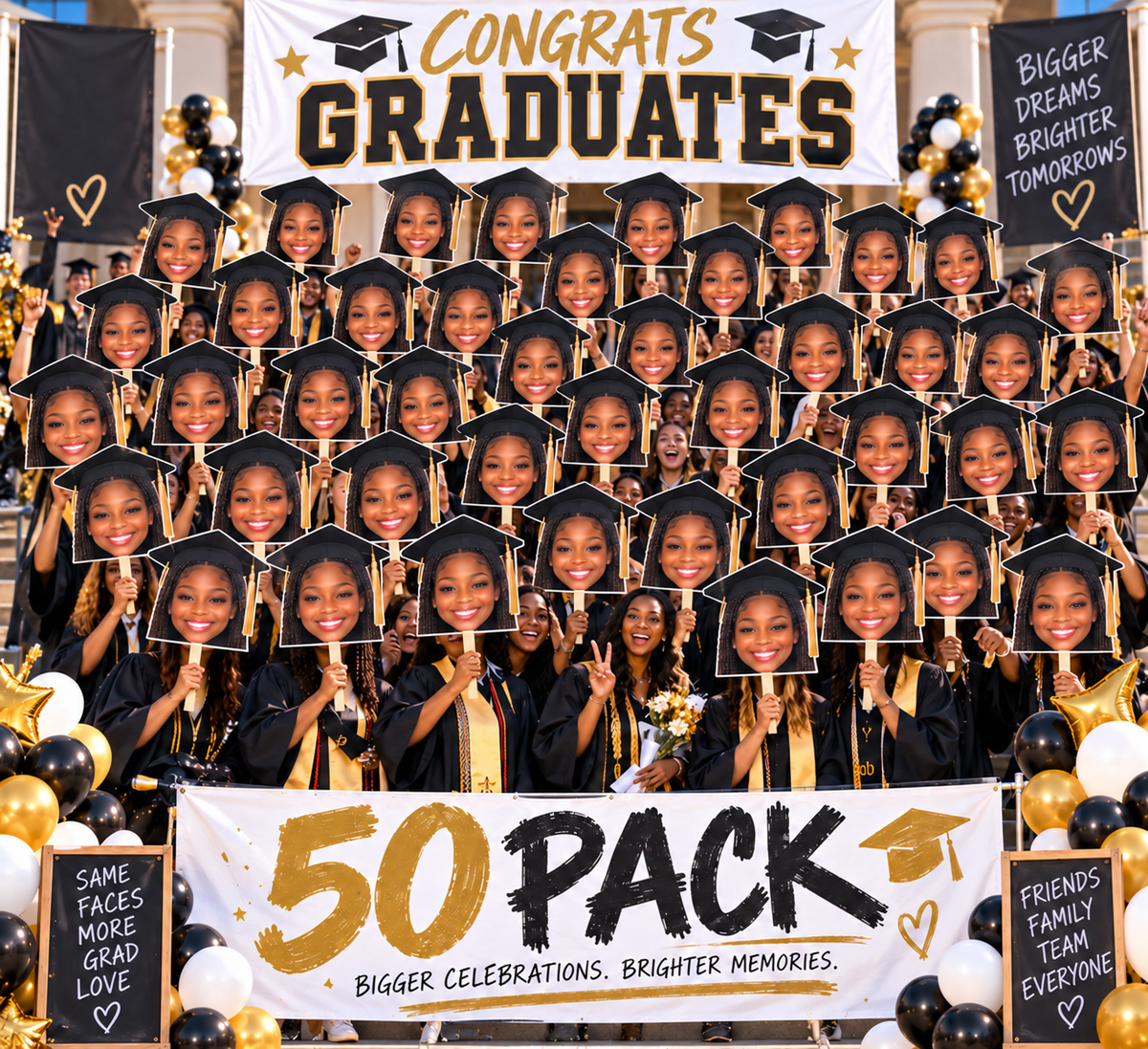 Graduates celebrating with personalized big head photo signs beneath a Congrats Graduates banner and 50 Pack display.