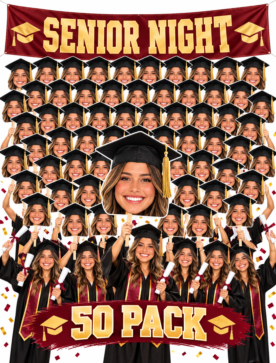 Female graduation face cutouts and graduates beneath a maroon-and-gold Senior Night banner with a 50 Pack label.