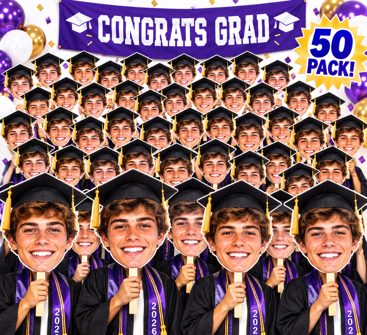 Graduation face cutouts with mortarboards beneath a purple Congrats Grad banner and 50 Pack label.