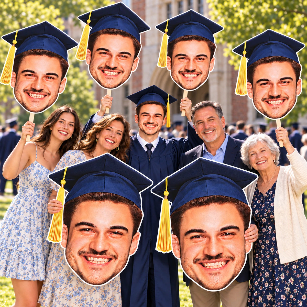 Family celebrating graduation with oversized head cutouts and heads on sticks