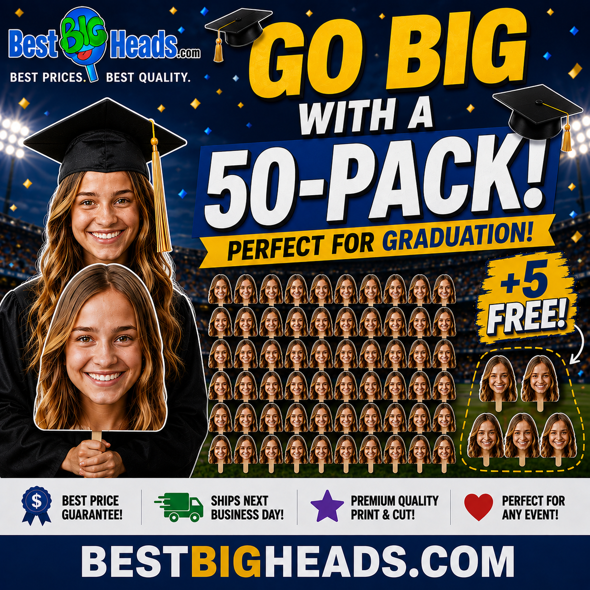 Go Big with a 50-Pack graduation graphic showing a graduate and matching custom face cutouts.