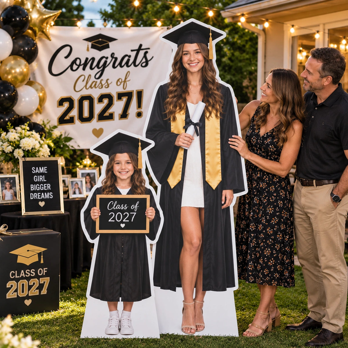 Then-and-now custom graduation standees showing childhood and graduate photos at a celebration with 2027 decorations.