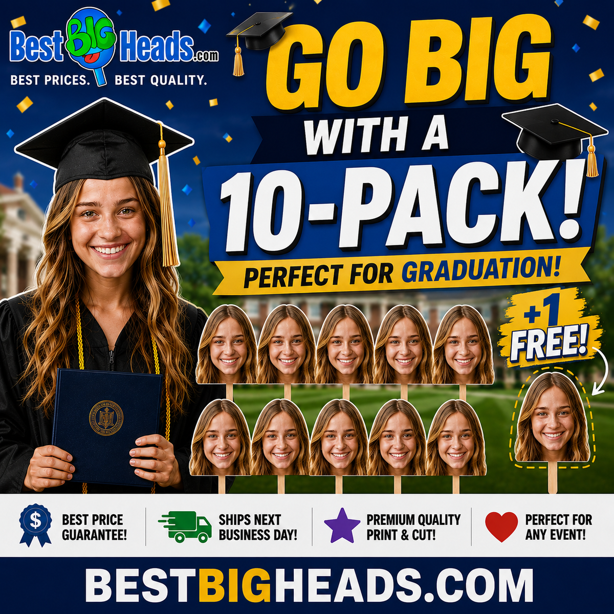 10 Pack Graduation Big Head Cutouts – Personalized Photo Signs