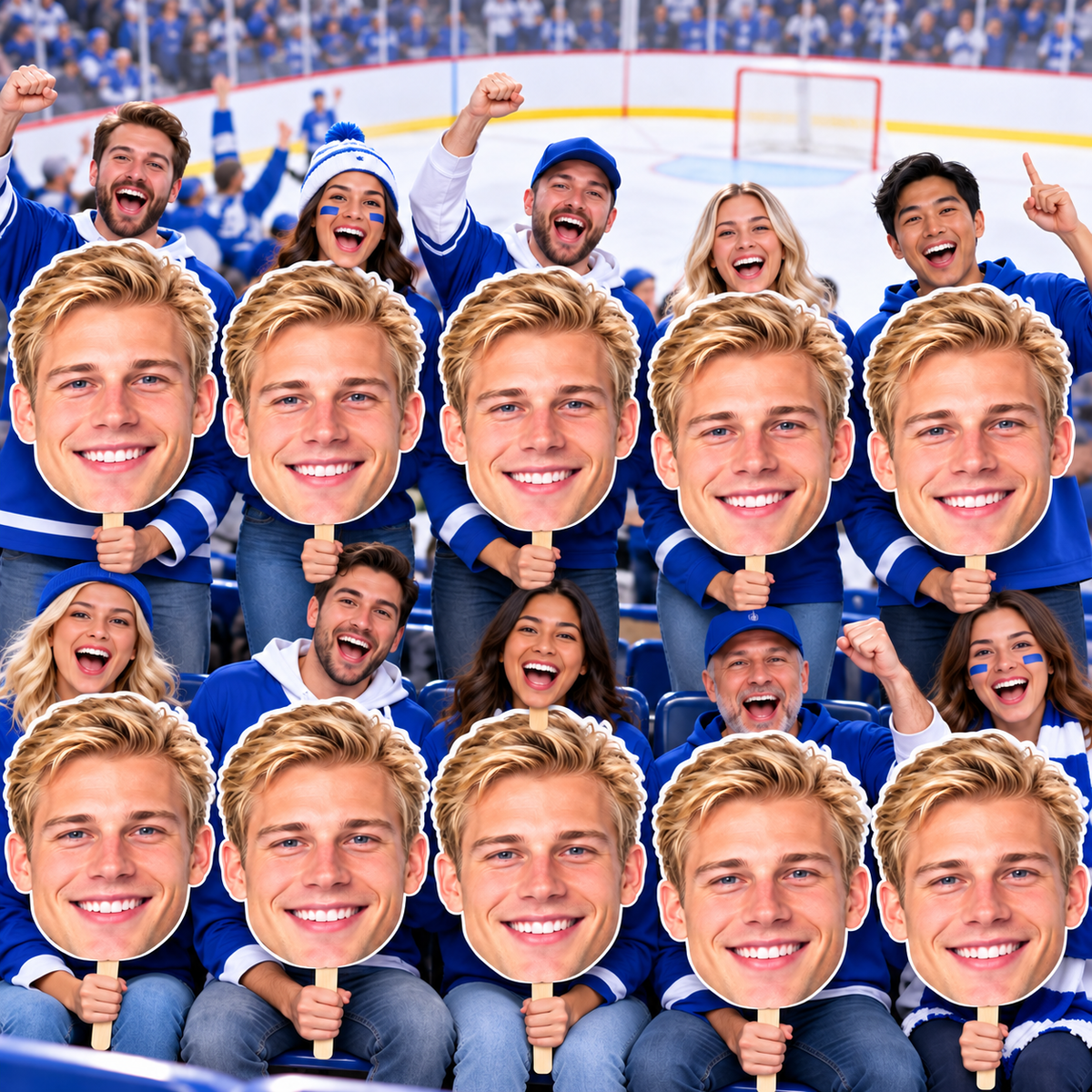 Ten matching oversized hockey face cutouts held by a cheering group beside the ice rink