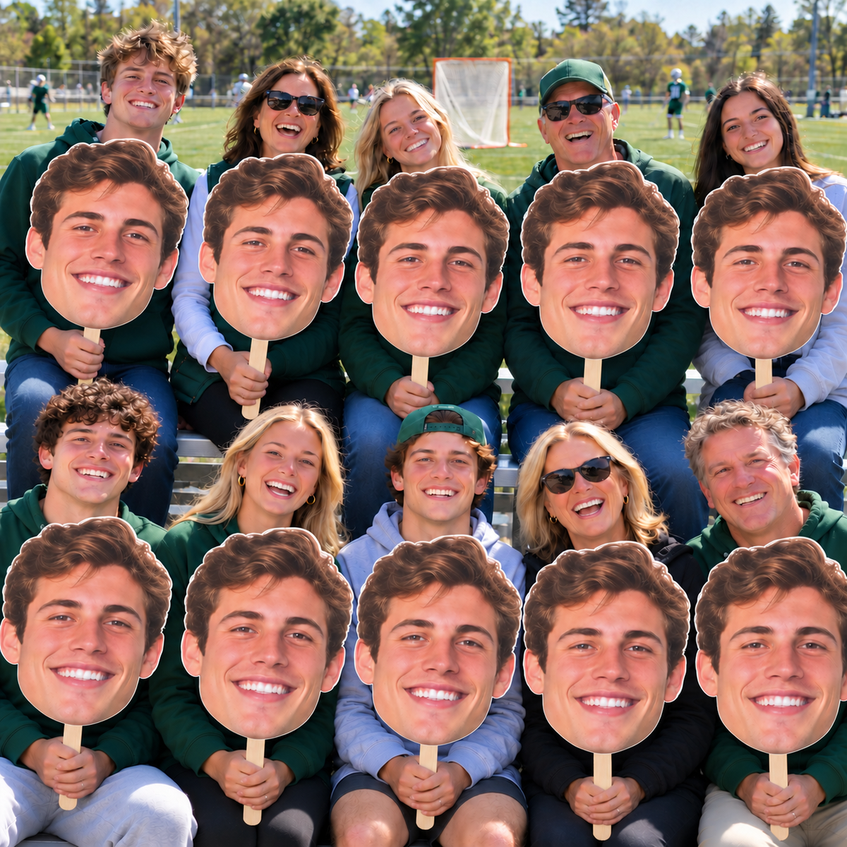 Ten supporters holding matching oversized face cutouts on sticks in sunny bleachers beside a lacrosse field and goal
