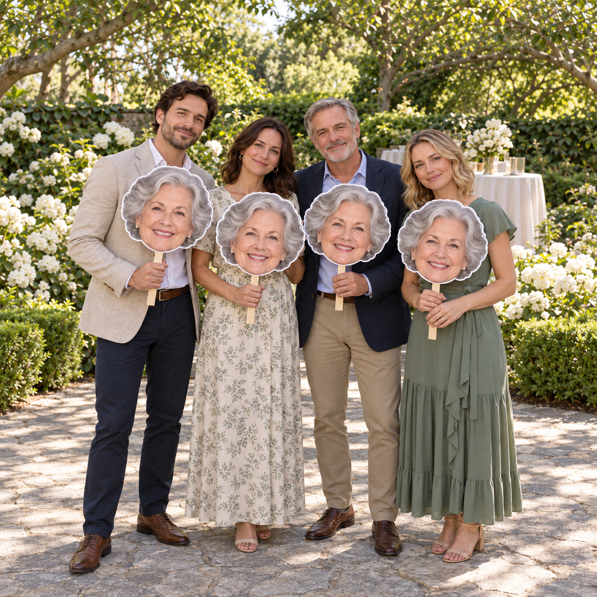 AI-generated conceptual remembrance gathering with four fictional adults holding matching head-only portrait cutouts in a leafy garden.