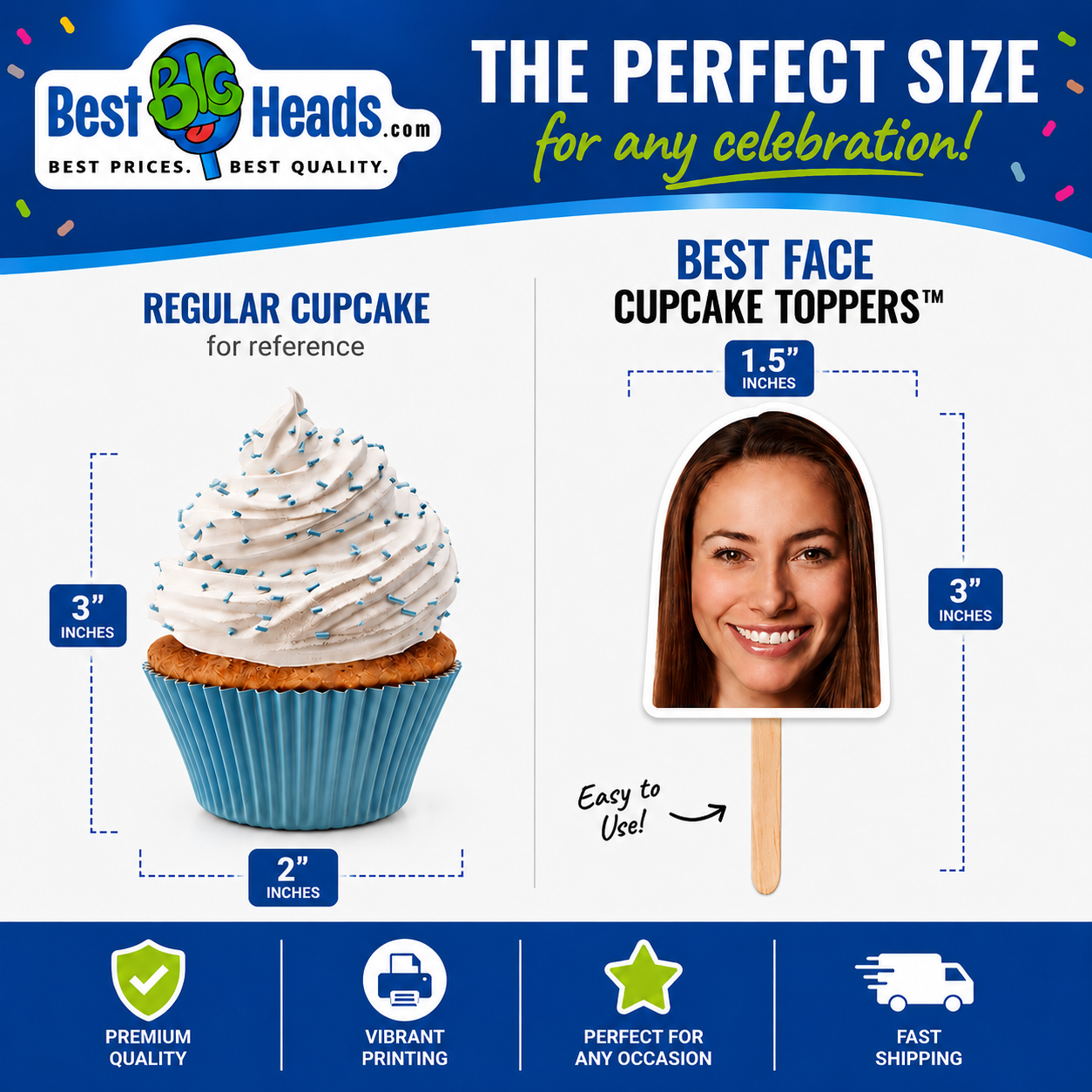 Size comparison showing a standard cupcake and a 3-inch custom photo cupcake topper.