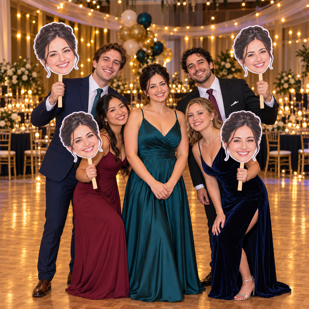 Illustration of five formally dressed friends in a decorated event hall, with four holding portrait cutouts of the woman in teal.