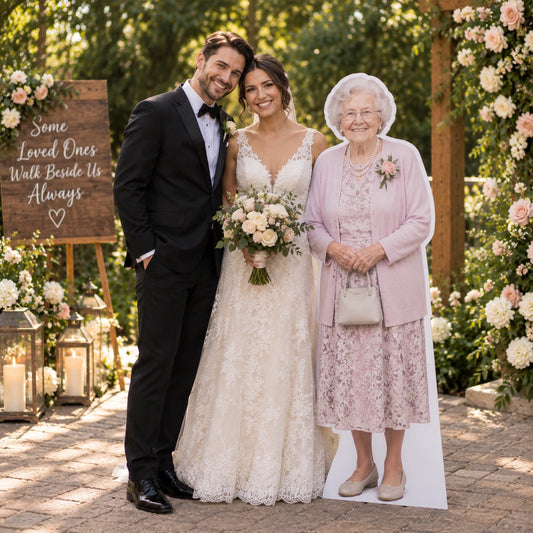Bride and groom beside a life-size memorial custom cutout of Grandma in a pink outfit at an outdoor wedding.