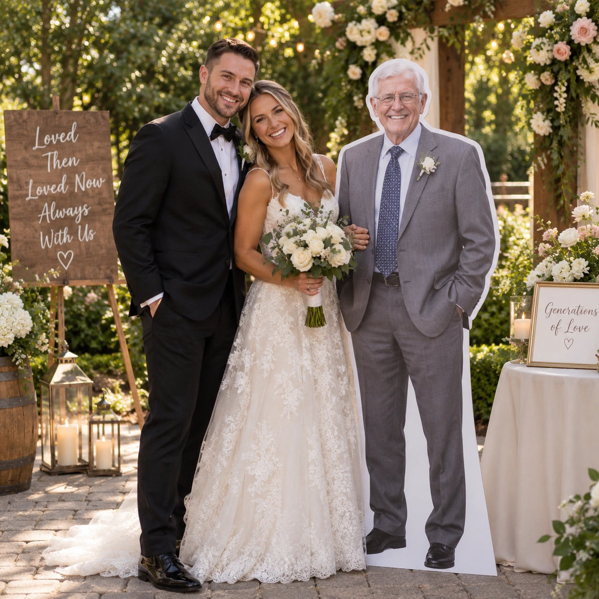 Bride and groom beside a life-size memorial custom cutout of Grandpa in a gray suit at an outdoor wedding.