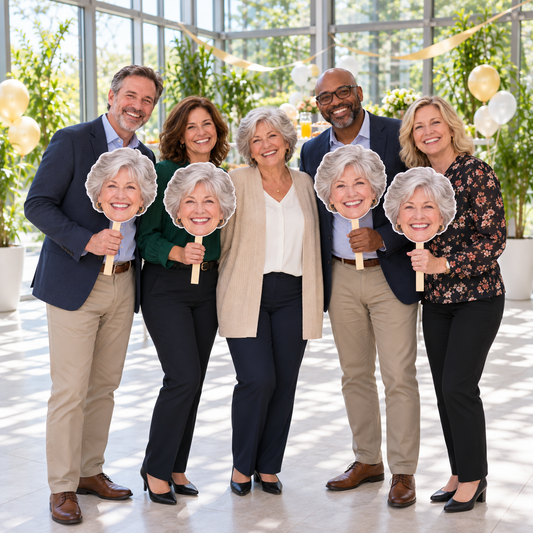 AI-generated retirement gathering with five fictional adults and four matching head-only portrait cutouts on flat-ended wooden handles.