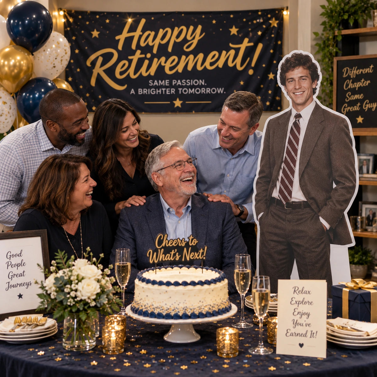 Retirement celebration with a life-size custom cutout of a younger man in a suit beside the guest of honor, friends and cake.