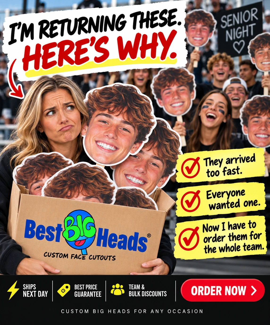 Senior Night promotional graphic showing a crowd holding oversized face cutouts.