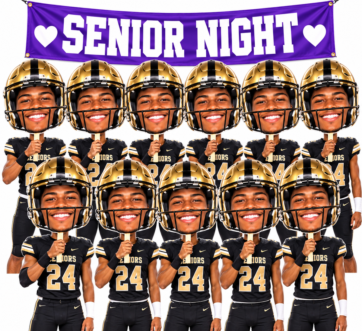 Custom football helmet face cutouts held by players in black-and-gold uniforms beneath a purple Senior Night banner.