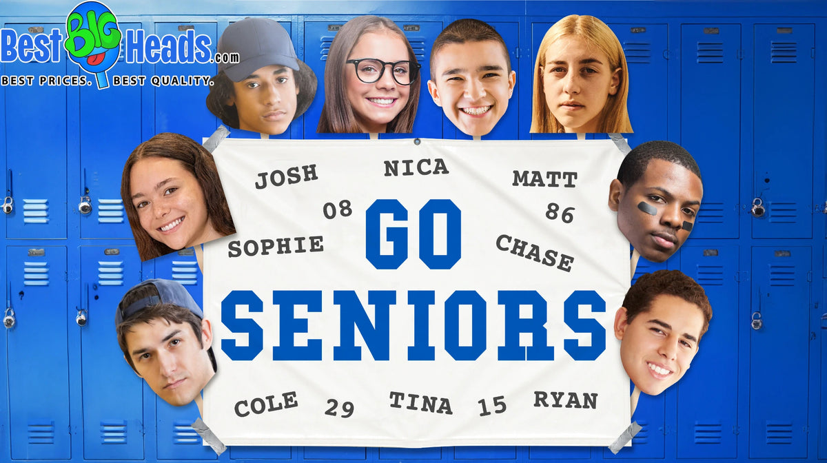 Blue Senior Night banner featuring oversized face cutouts and the words Go Seniors.