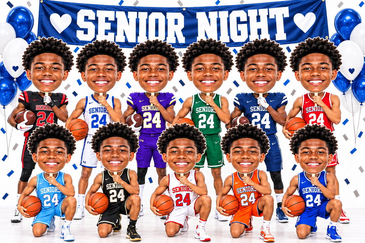 Athletes in basketball and football uniforms holding custom face cutouts beneath a blue Senior Night banner.