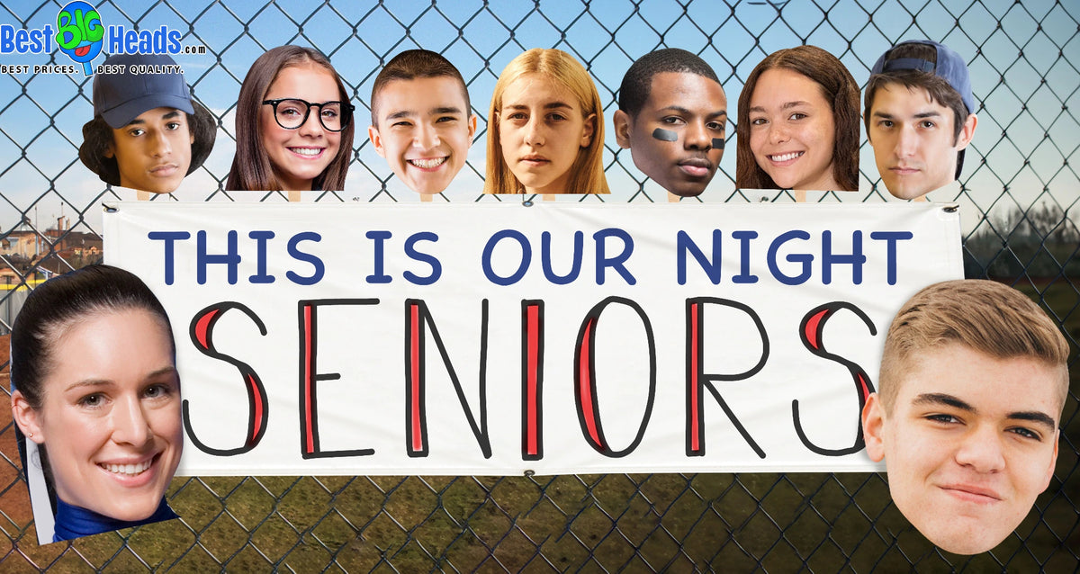 Senior Night banner with oversized face cutouts and the words This Is Our Night, Seniors.