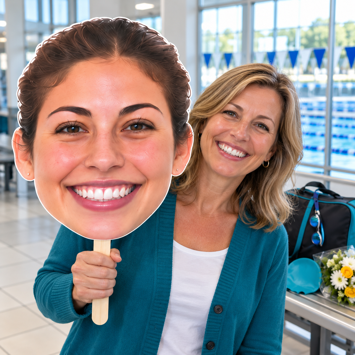 A supporter in a dry aquatic-center lobby holds one huge female face cutout, with goggles, a swim bag, cap and flowers nearby and pool lanes beyond the windows