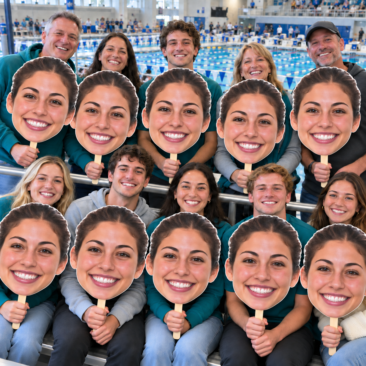 Ten supporters holding matching oversized face cutouts on sticks in dry spectator seating behind a railing at a swimming pool
