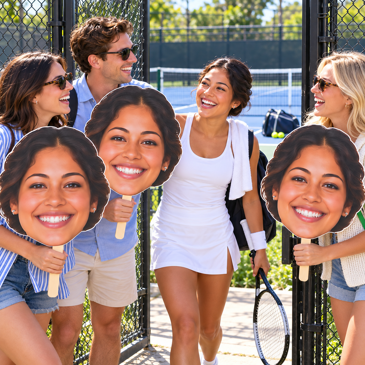 Tennis player with a racket greeting three friends holding huge matching face cutouts at an open court gate, with a tennis net behind them