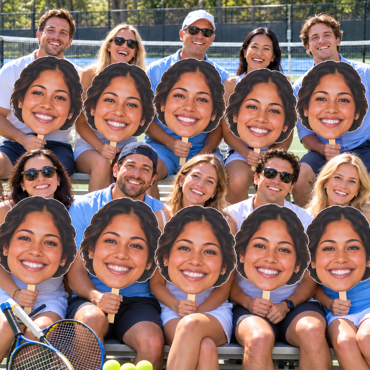 Ten supporters holding matching oversized face cutouts beside a tennis court, with two rackets and yellow tennis balls in the foreground