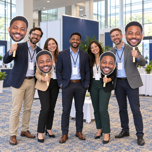 Illustration of five professionals with blank conference badges, with four holding portrait cutouts of their central teammate beside an unbranded booth.