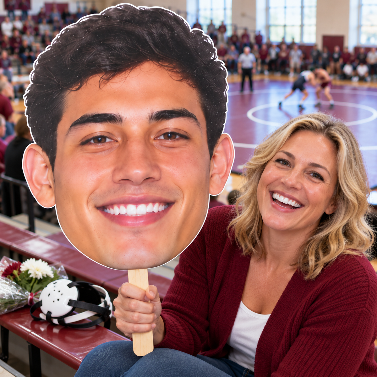 A supporter holds one huge male face cutout beside her visible face in a wrestling gym, with headgear and recognition flowers on the bleacher