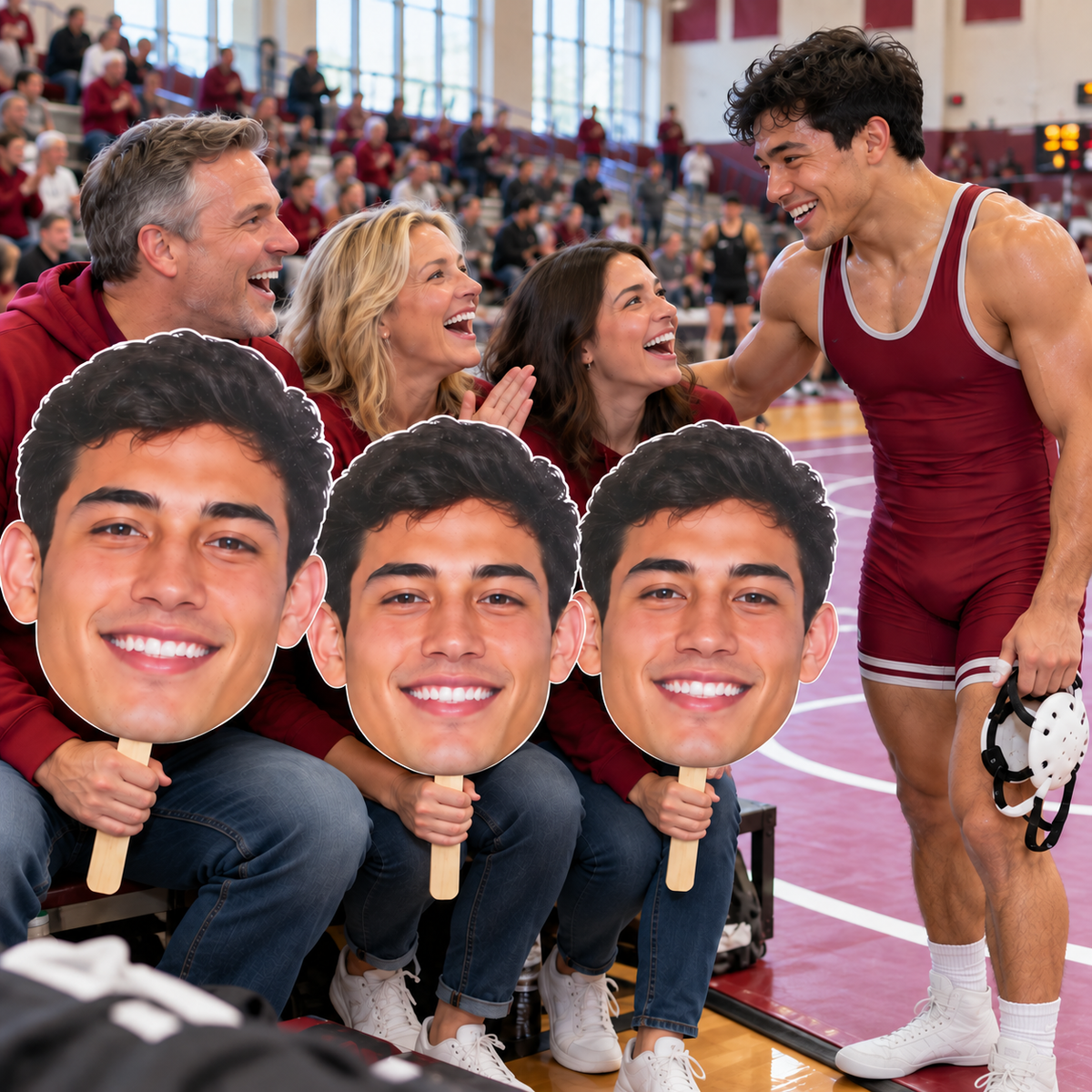 Wrestler greeting three cheering supporters holding huge matching face cutouts beside a marked wrestling mat, with his ear guards in hand