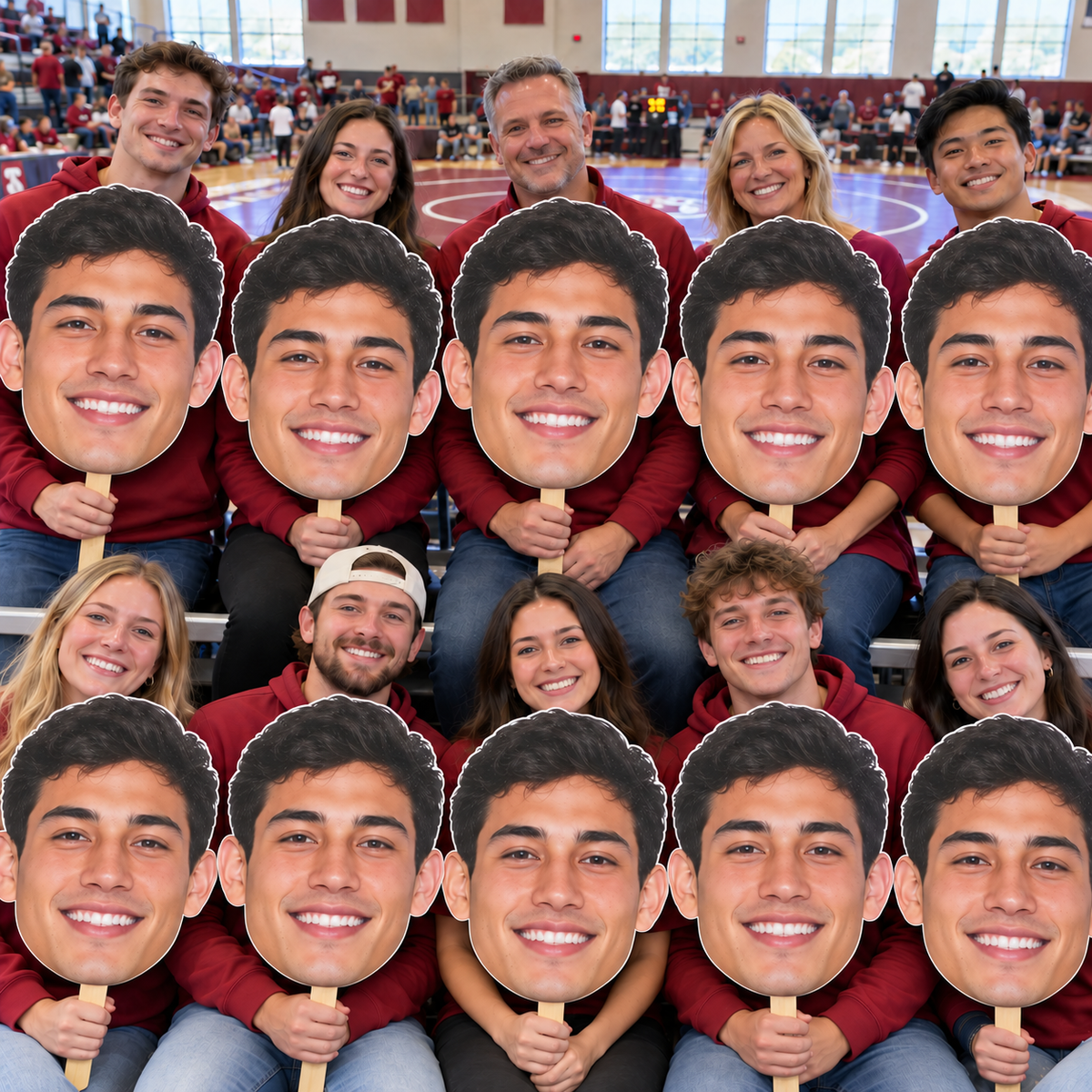 Ten supporters holding matching oversized face cutouts on sticks in gym bleachers, with a wrestling mat behind them